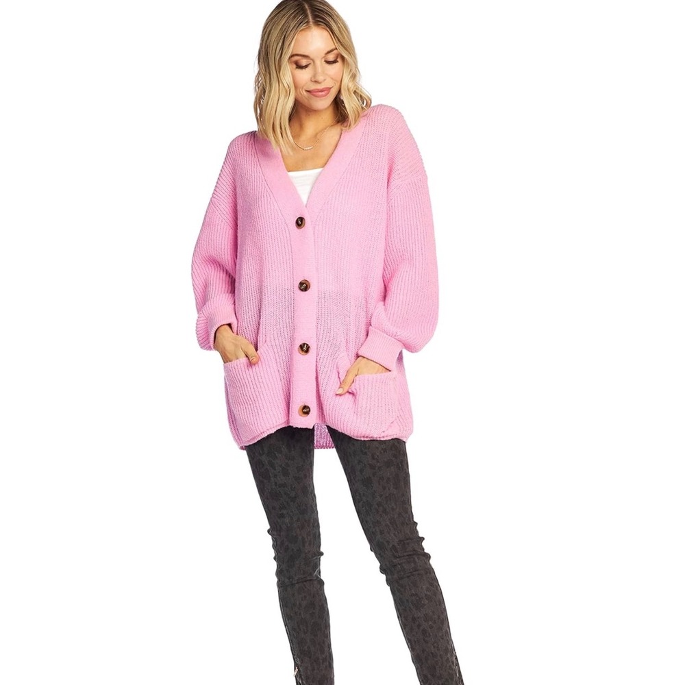 Mud Pie Pink Chunky Ribbed Oversized Cozy Button Front Cardigan Sweater S/M